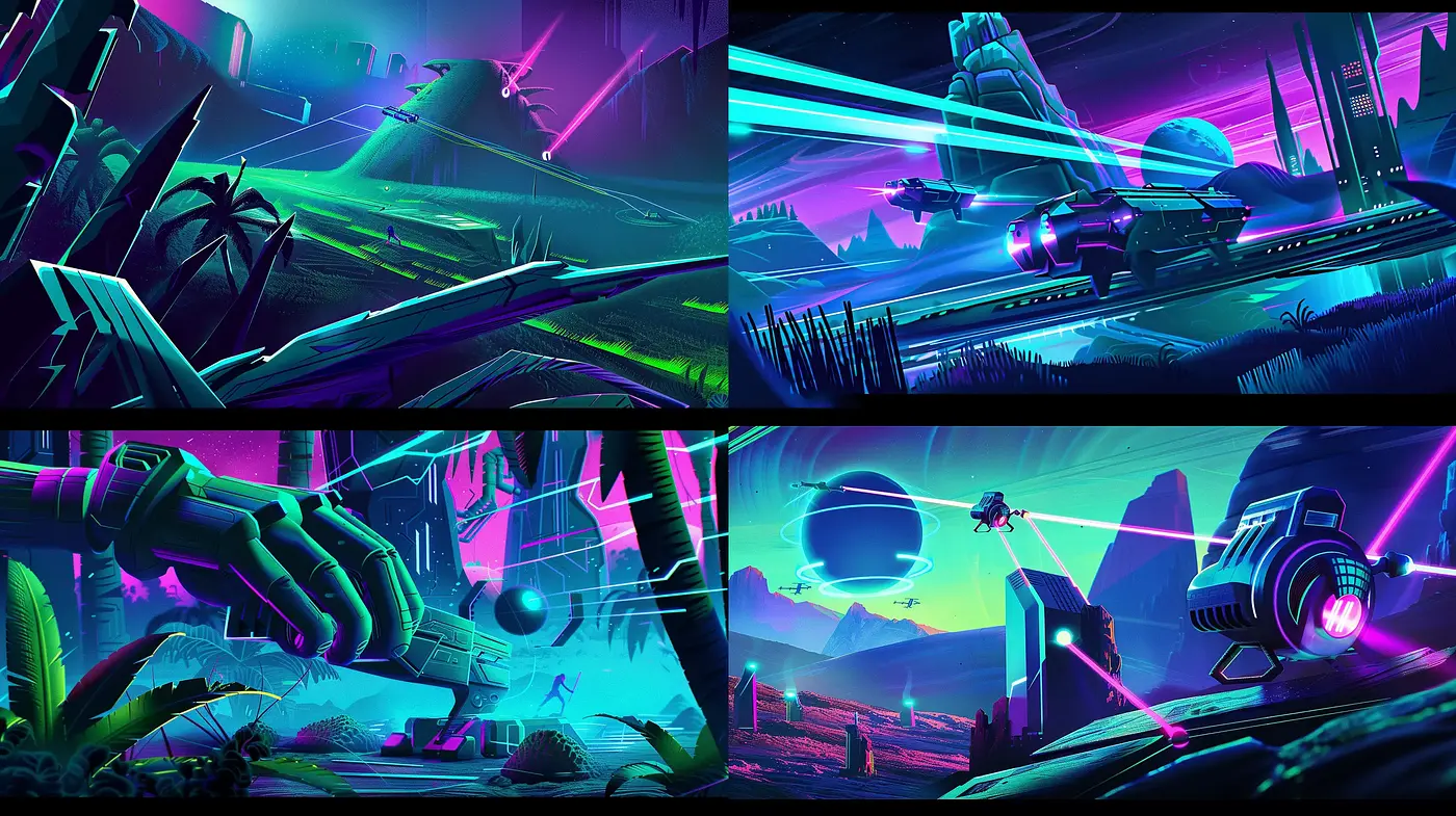 Cyberpunk Neon Dreamscape: A Synthesis of Vibrant Futurism and Retro Sci-Fi Aesthetics - Midjourney sref style