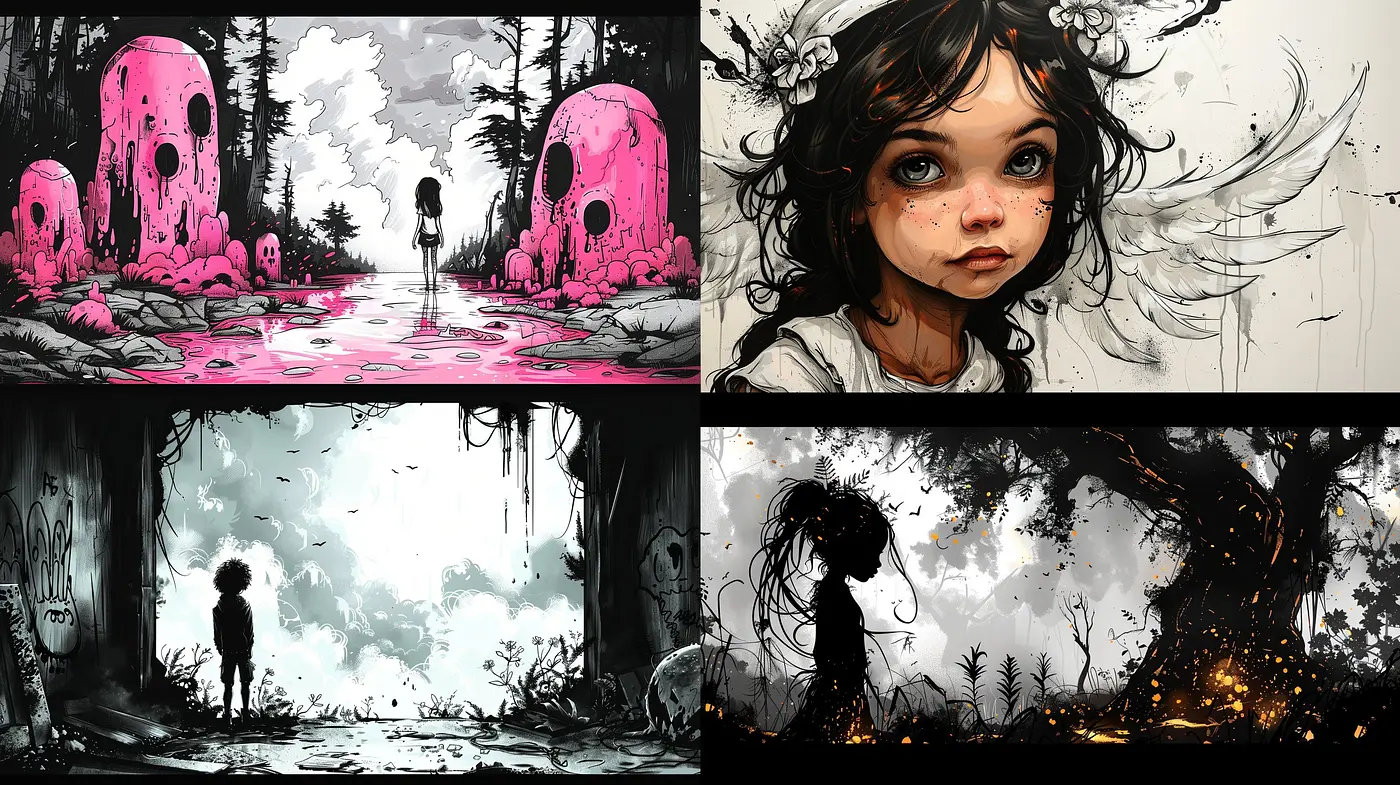 Ethereal Melancholia: An Exploration of Stylized Monochrome with Vivid Accents - Midjourney sref style