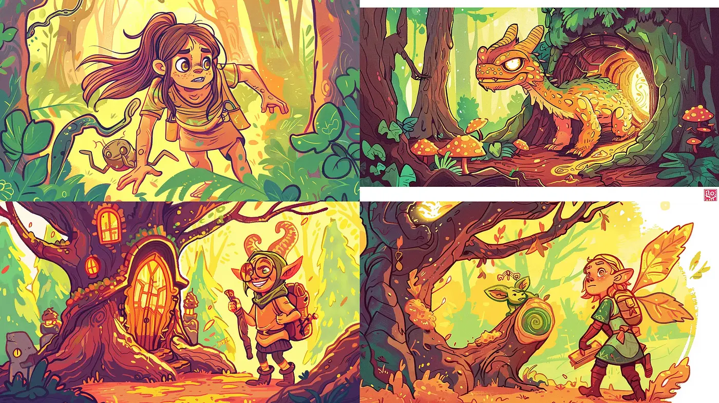 Enchanted Forest Whimsy: A Storybook Illustration of Wonder and Adventure - Midjourney sref style
