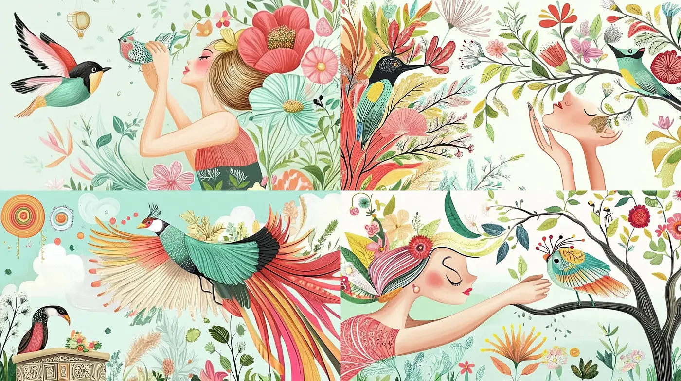 Enchanted Botanical Dreamscape with Whimsical Fauna - Midjourney sref style