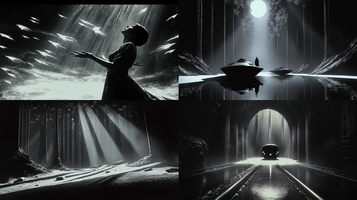 Monochromatic Cinematic Dreamscapes with a Surrealist Influence - Midjourney sref style