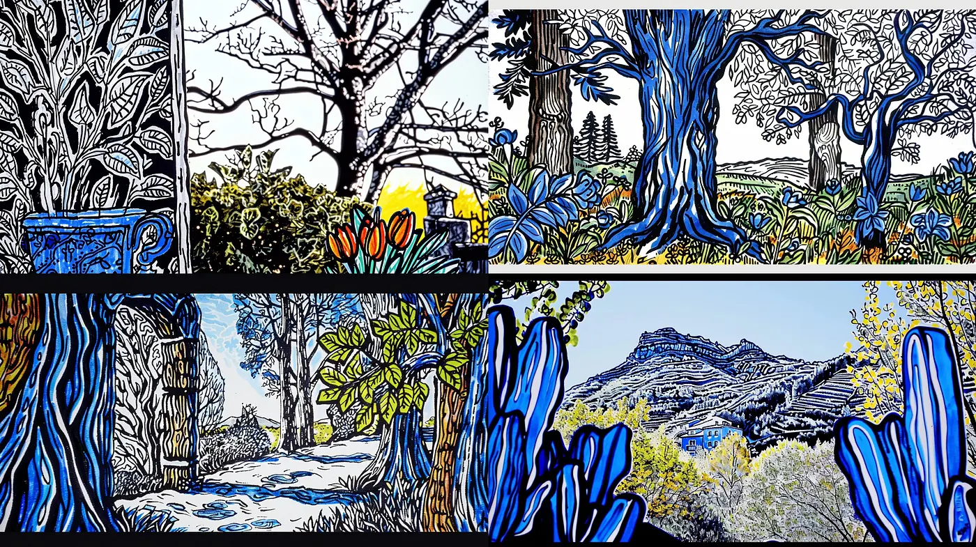 Vibrant Chromatic Contours: A Synthesis of Bold Line Art and Chromatic Contrasts in Nature-Inspired Scenes - Midjourney sref style