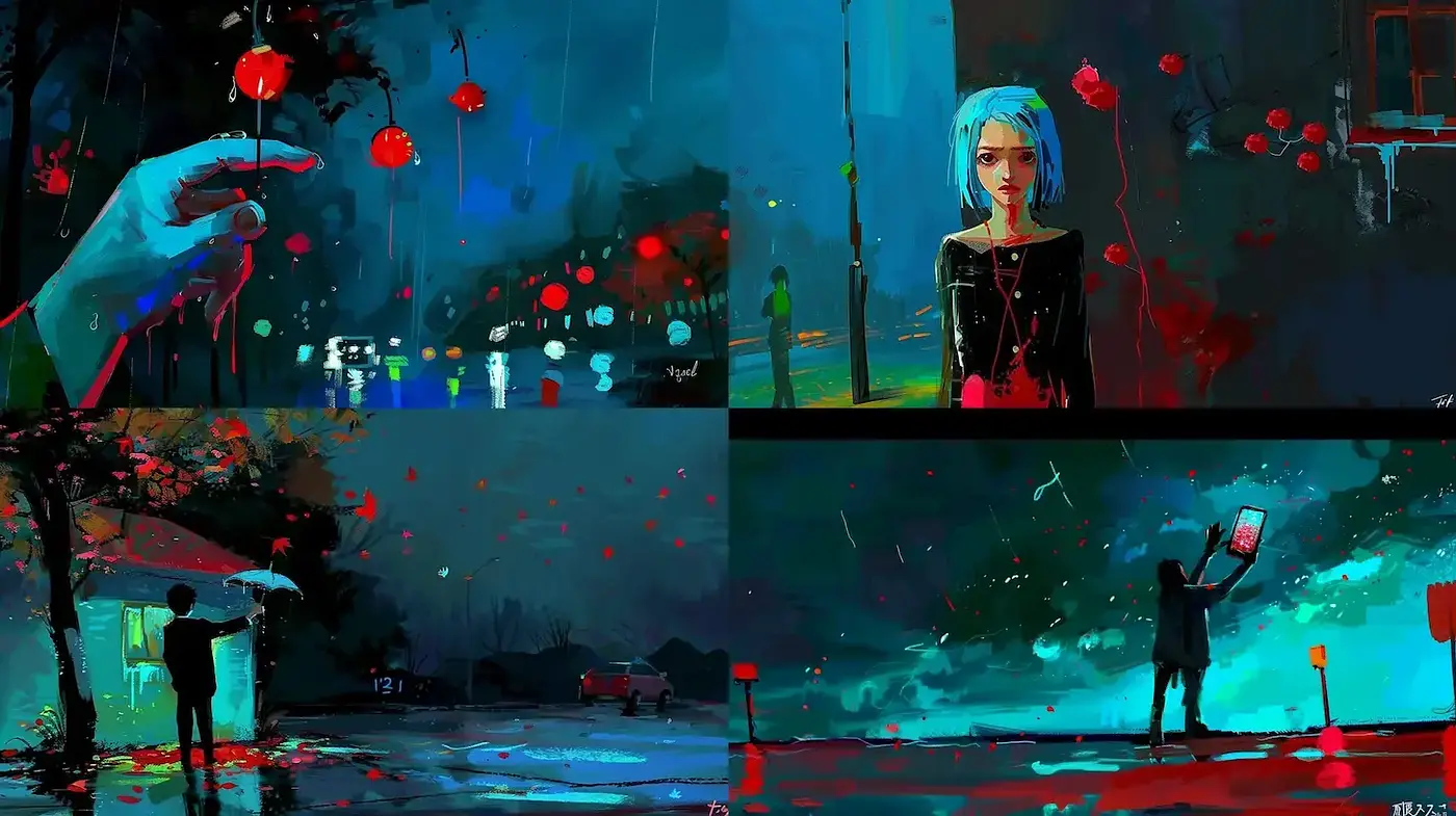 Moody and Expressive Digital Art with Strong Color Contrasts - Midjourney sref style
