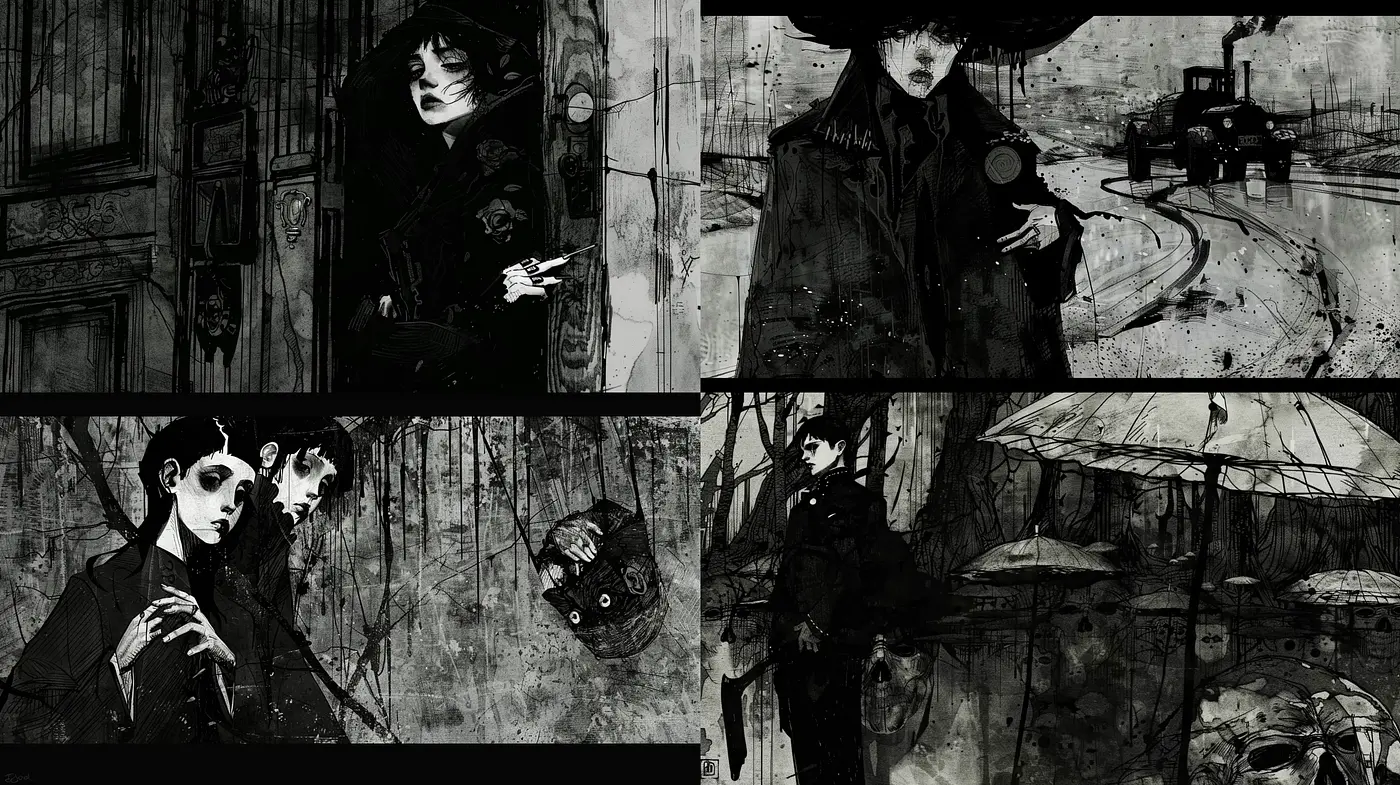 Gothic Noir Pen and Ink Wash Fusion - Midjourney sref style