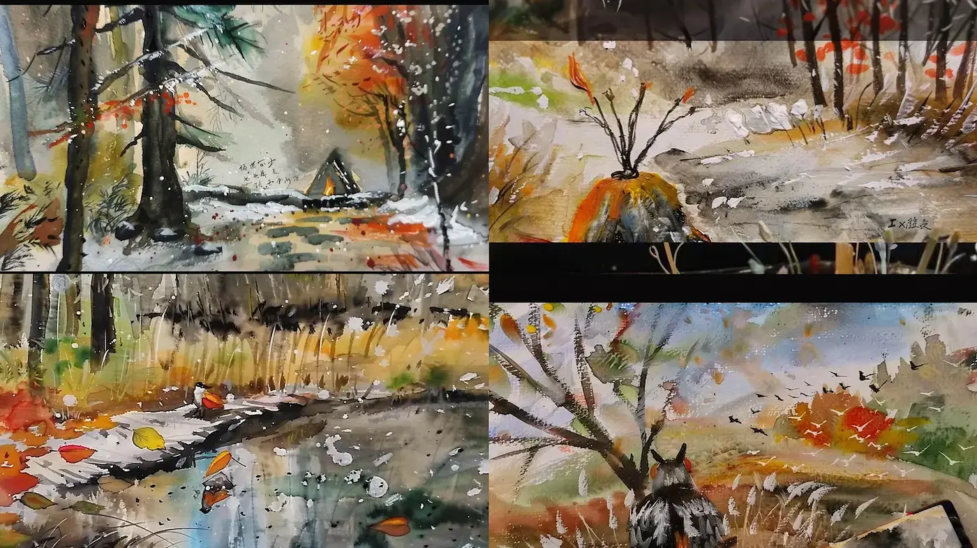 Balanced and Evocative Watercolor Landscape with Vibrant Hues - Midjourney sref style