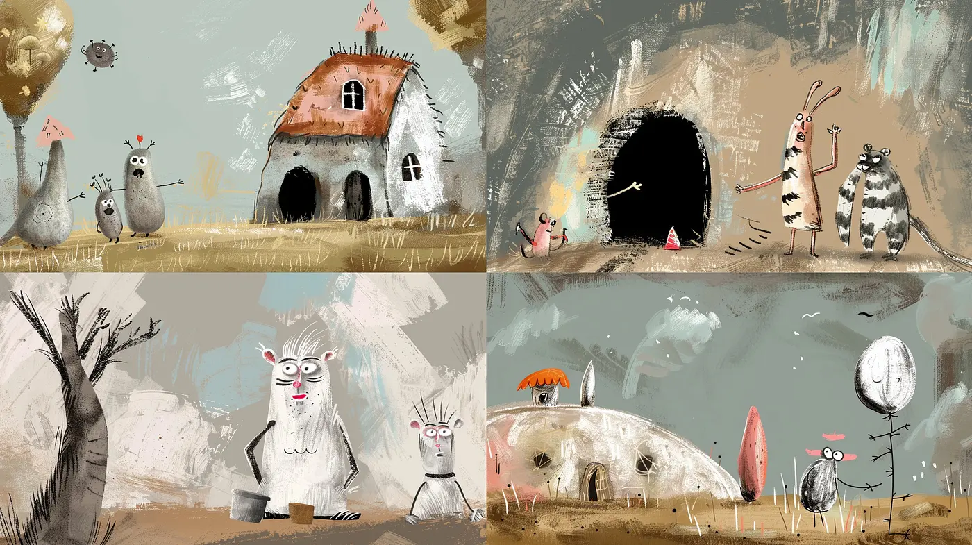 Whimsical Storybook Illustrations with Earthy Textured Brushwork - Midjourney sref style