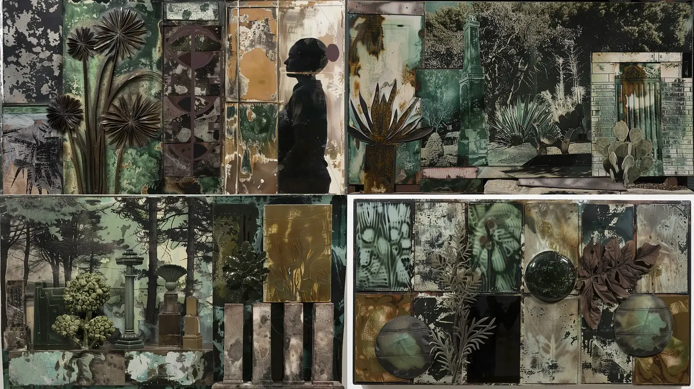 Aged Botanical Tapestry: A Fusion of Verdant Tones and Rustic Textures - Midjourney sref style