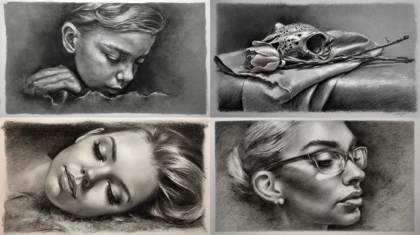 Expressive Charcoal Portraiture with Delicate Still Life Elements - Midjourney sref style