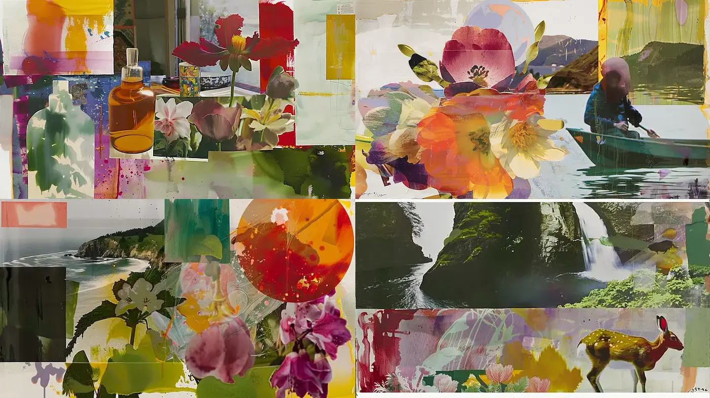 Vibrant Contemporary Collage with Nature and Abstract Elements - Midjourney sref style