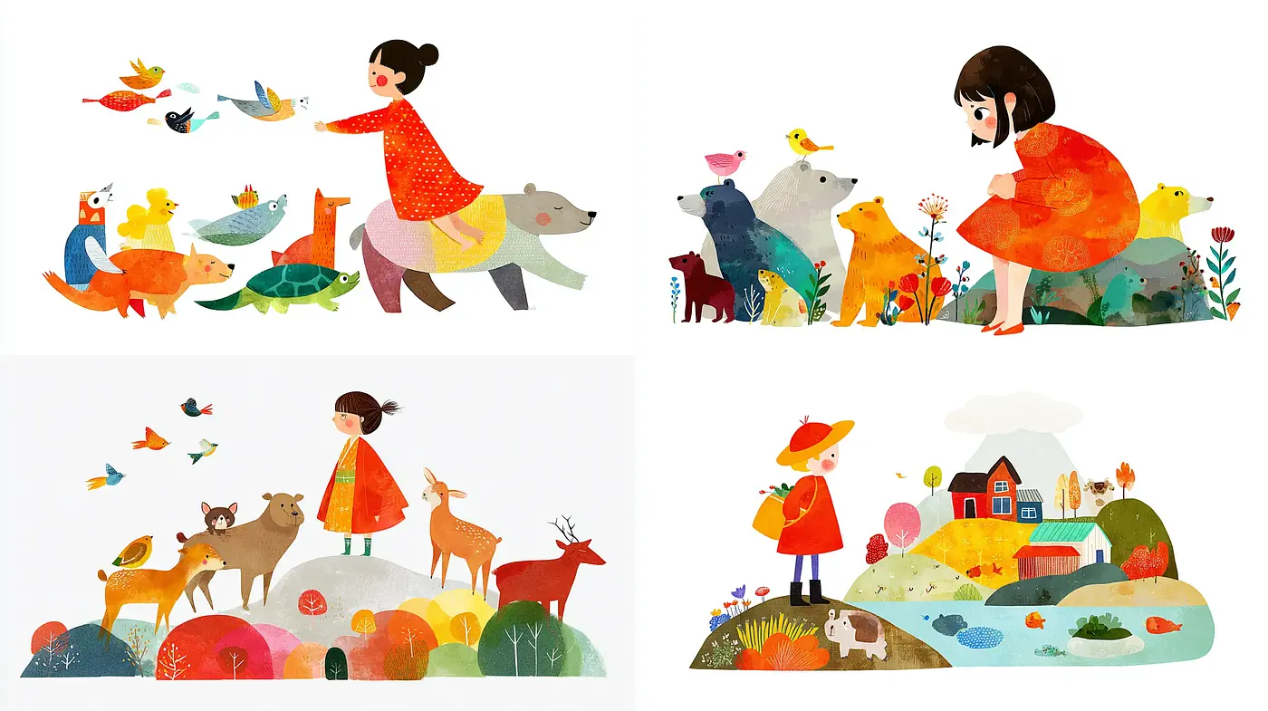 Whimsical and Vibrant Illustrated Scenes Reflecting Nature and Imagination - Midjourney sref style