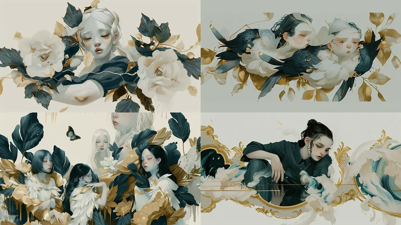 Ethereal Elegance in Monochromatic Bloom: A Fusion of Illustrative Grace and Golden Flourishes - Midjourney sref style