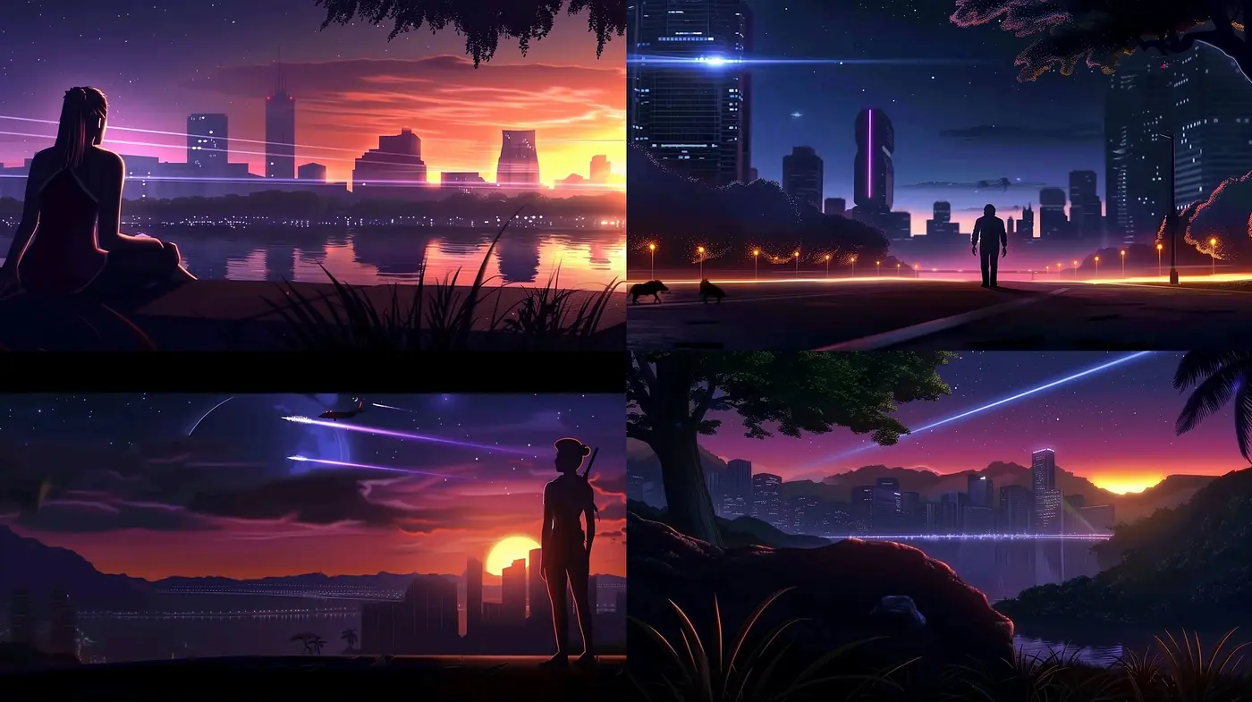 Twilight Hues and Silhouettes: A Synthesis of Dystopian Serenity in Digital Art - Midjourney sref style