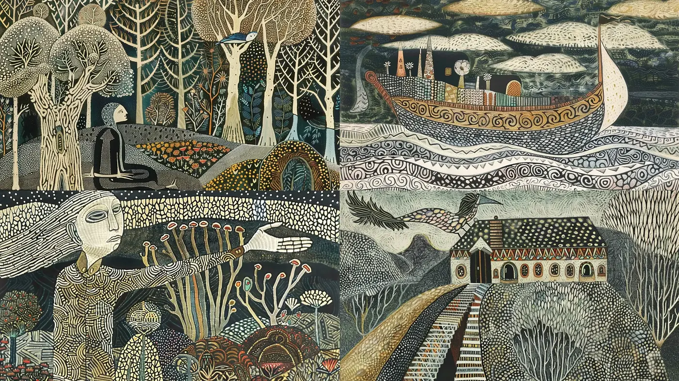 Mystical Folkloric Dreamscape with Surreal Textured Patterns - Midjourney sref style