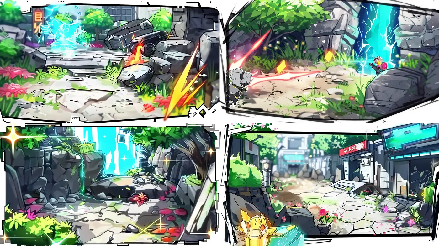 Energetic Anime-Inspired Digital Battle Scenes with Vivid Urban Backdrops - Midjourney sref style