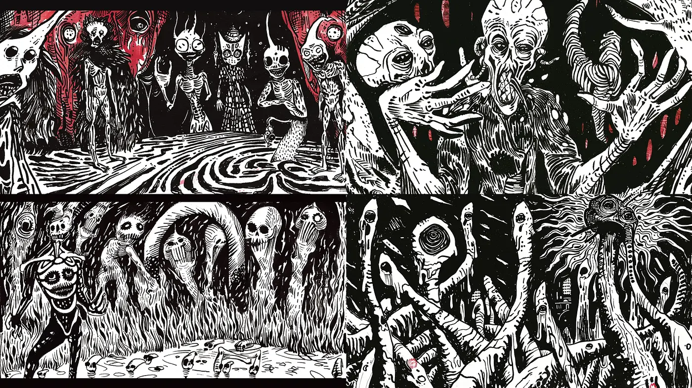Eerie Expressionist Nightmares in Monochromatic Etch - Midjourney sref style