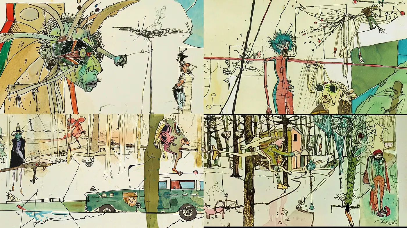 Eccentric Ink-Blotched Dreamscape: A Fusion of Sketch and Watercolor - Midjourney sref style
