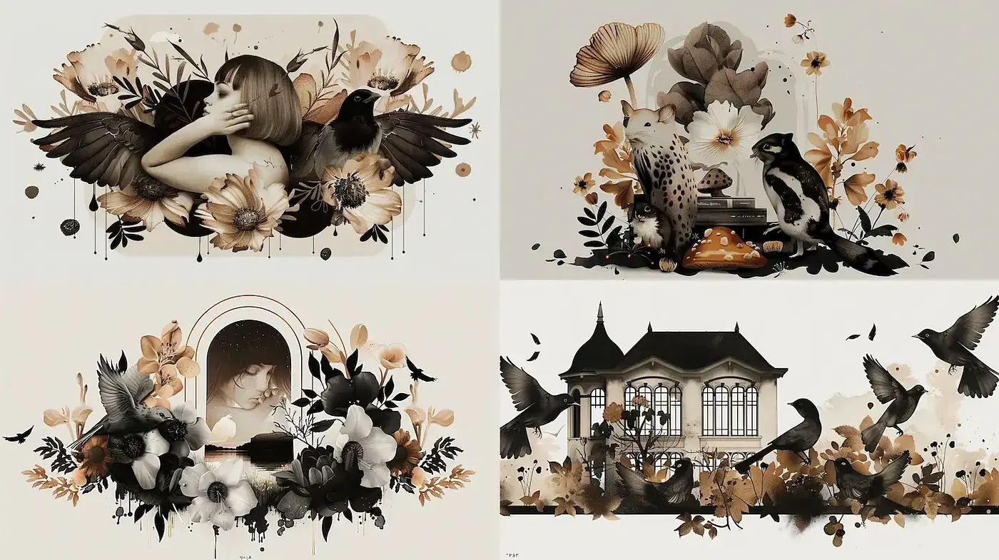 Elegant Floral Illustrations with a Touch of Surrealism and an Earthy Vibe - Midjourney sref style