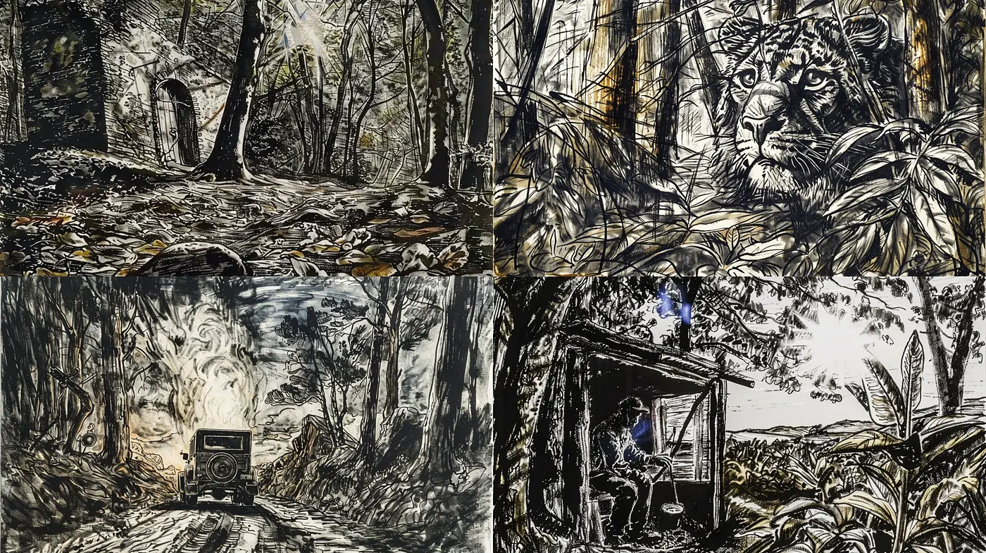 Monochromatic Wilderness: Textural Enigma with a Cinematic Twist - Midjourney sref style