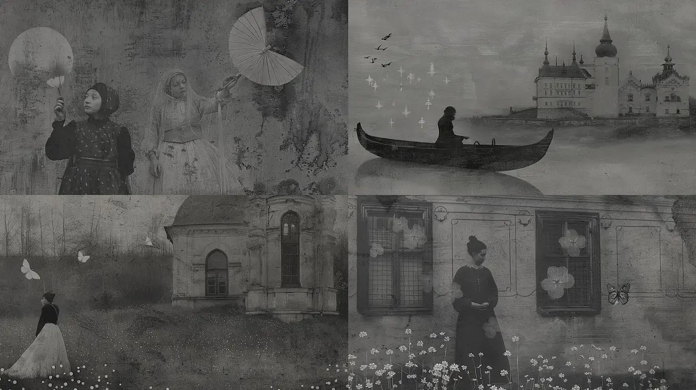 Ethereal and Dreamlike Monochrome Scenes with Subtle Textures - Midjourney sref style