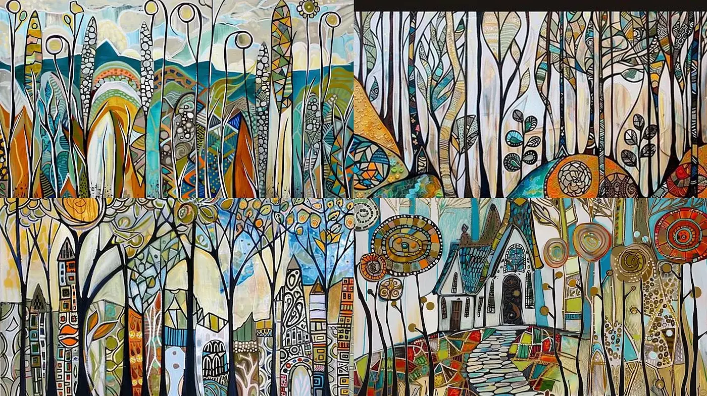 Whimsical, Abstract Landscape Art with Organic Shapes and Patterns - Midjourney sref style