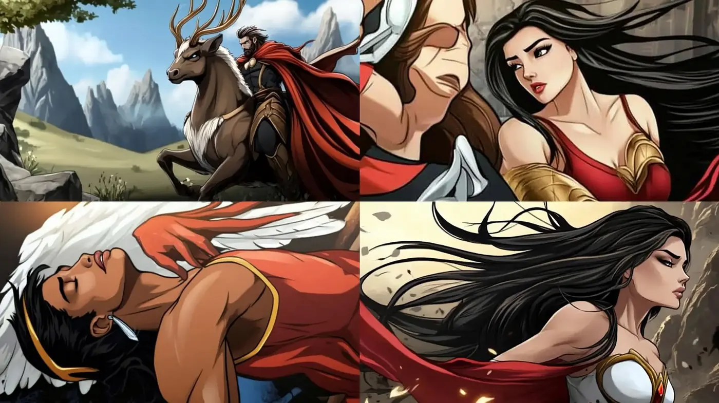 Epic Mythological Comic Art Style with Lush Color Dynamics - Midjourney sref style