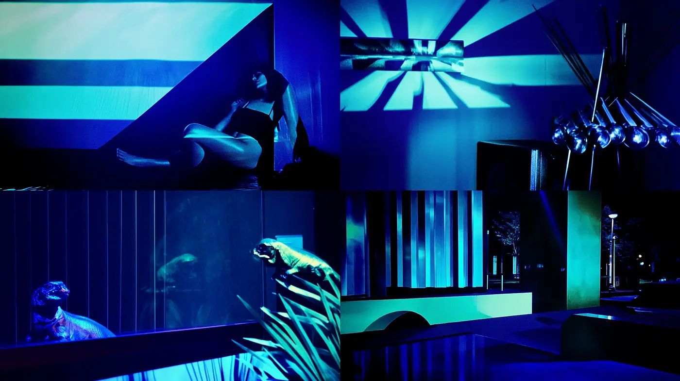 Nocturnal Blue Dreamscape: A Medley of Shadows and Neon - Midjourney sref style