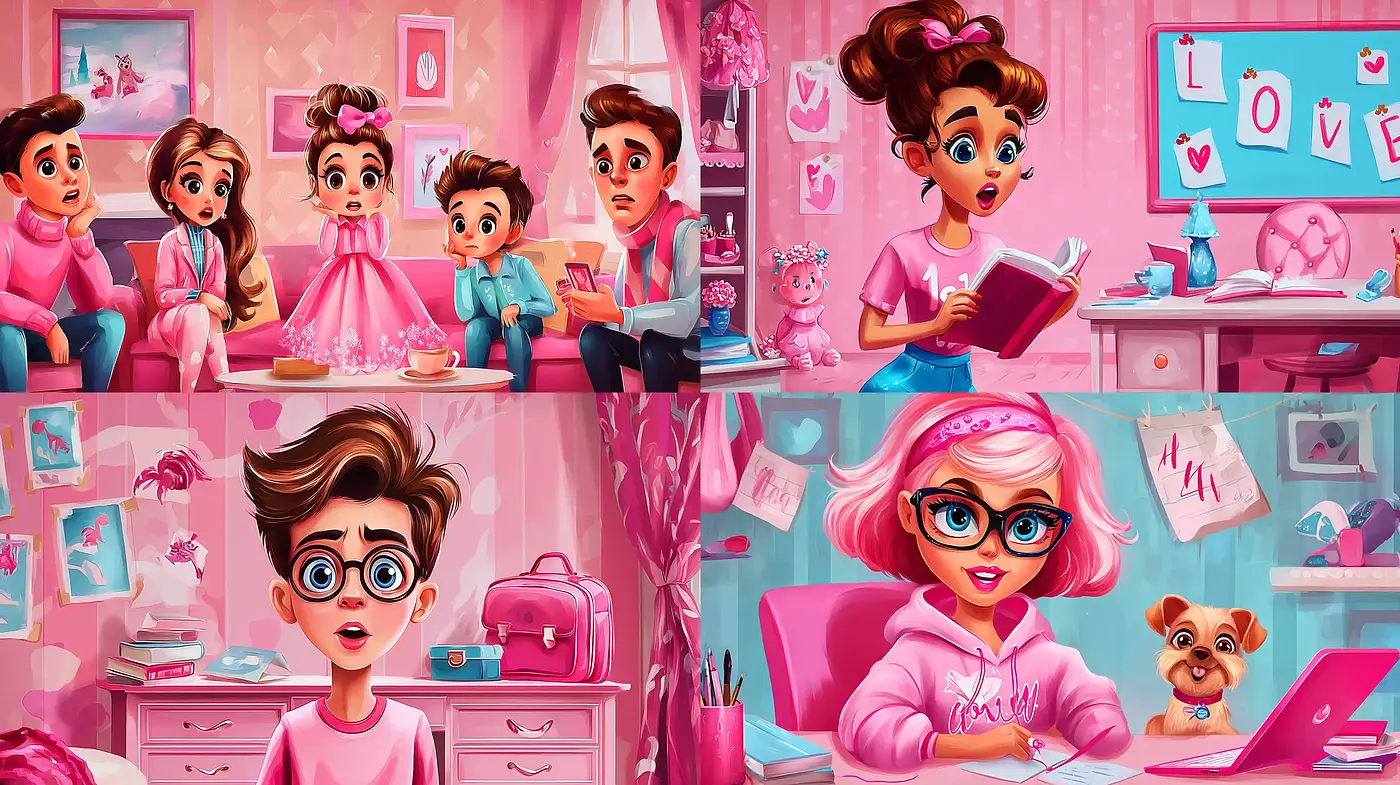 Playful and Whimsical Digital Illustration in a Pink-Infused Realm - Midjourney sref style