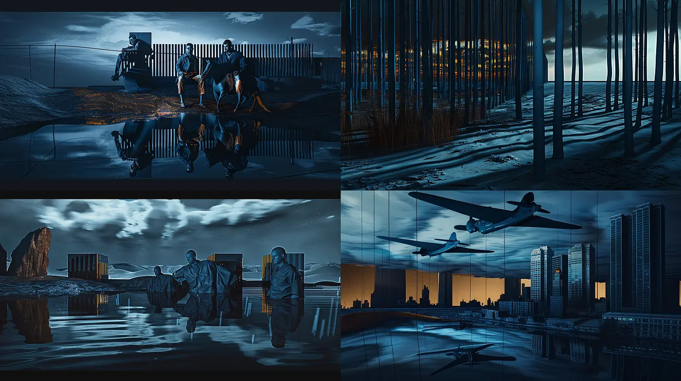 Nocturnal Elegy in Monochrome: An Exploration of Twilight Hues and Silhouetted Enigmas - Midjourney sref style