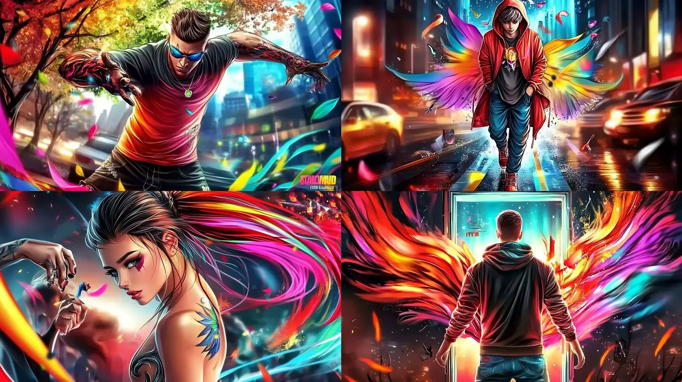 Dynamic Chromatic Resonance: An Exploration of Vivid Colors and Expressive Motion in Digital Art - Midjourney sref style