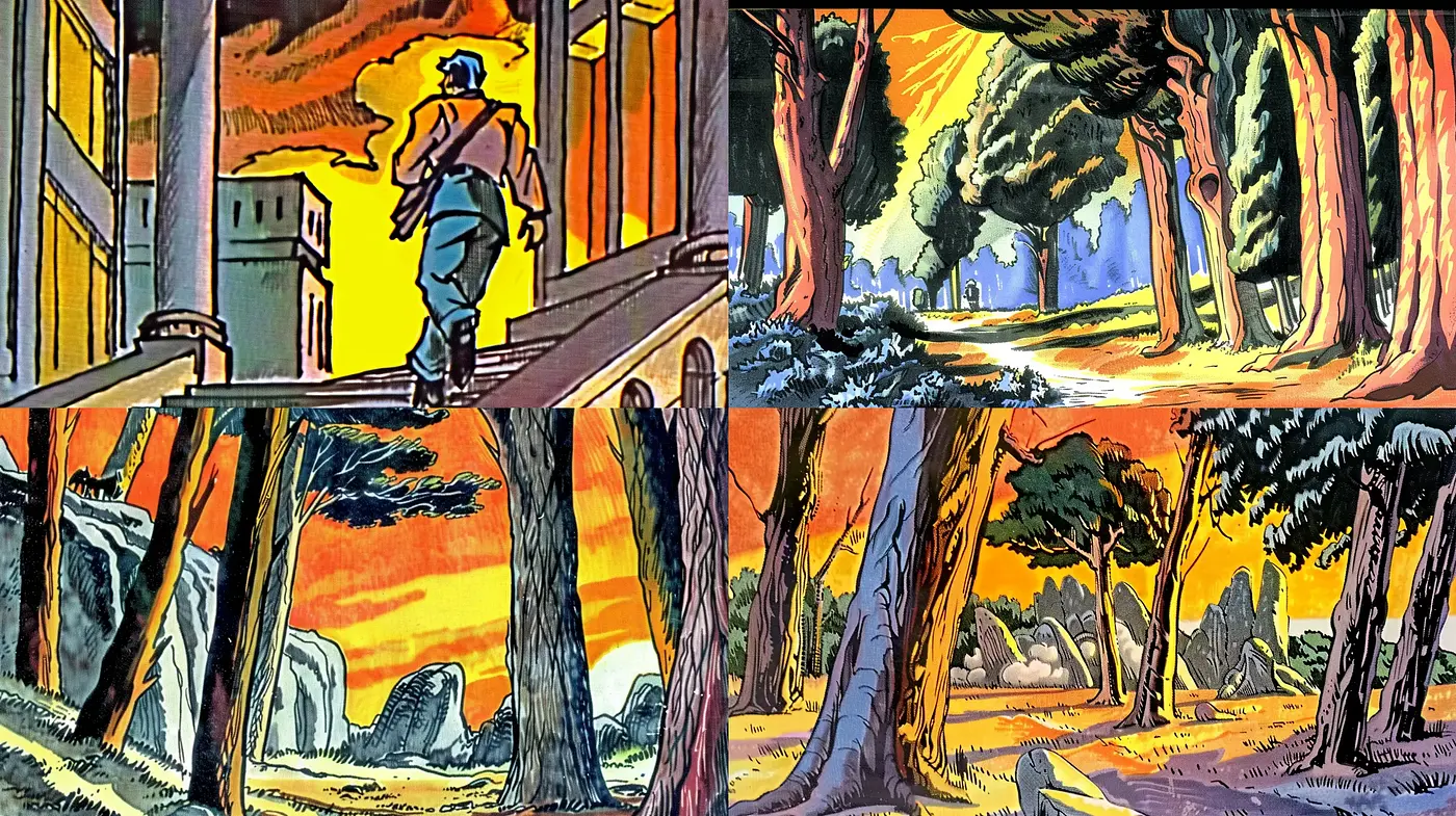 Sunset Hues and Stylized Silhouettes: A Homage to Classic Adventure Comics - Midjourney sref style