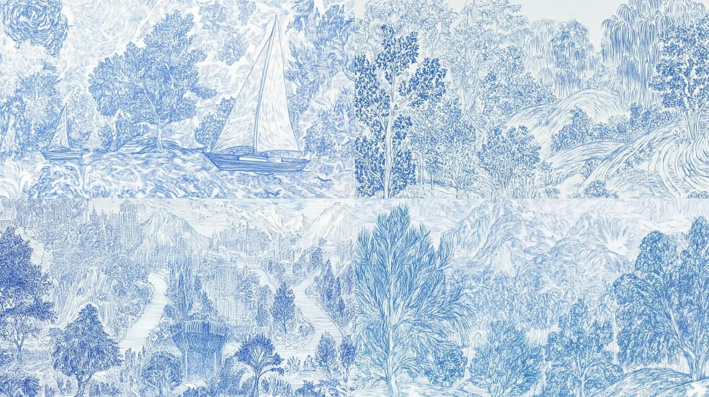 Serene Azure Toile Landscape Tableau - Midjourney sref style