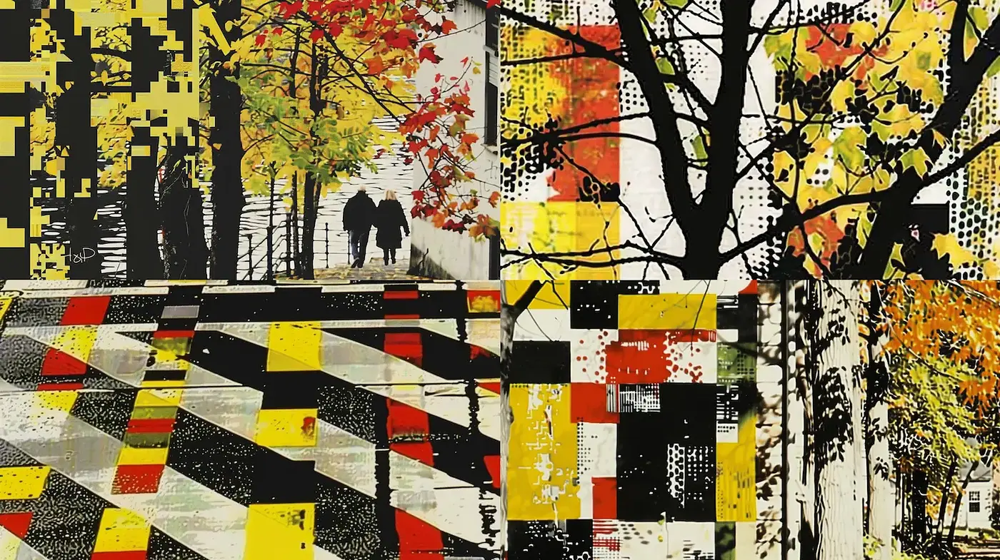 Abstract Autumn Aesthetic with Geometric Patterns and Textured Layers - Midjourney sref style