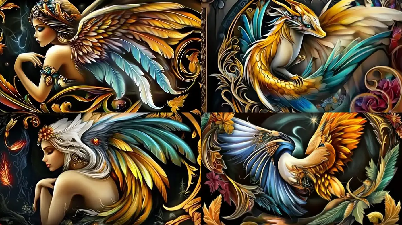 Enigmatic Elegance of Mythical Beings in Lustrous Hues - Midjourney sref style