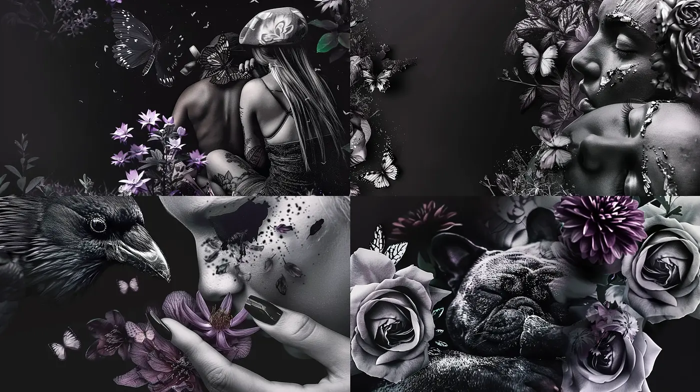Monochromatic Enchantment with Floral and Fauna Motifs - Midjourney sref style