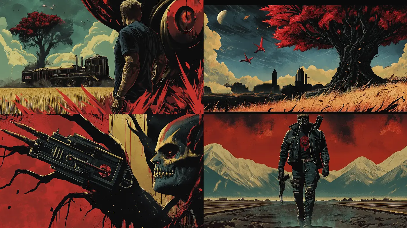 Dusk and Crimson Horizon: A Style Fusion of Graphic Novel Intensity and Surreal Vistas - Midjourney sref style