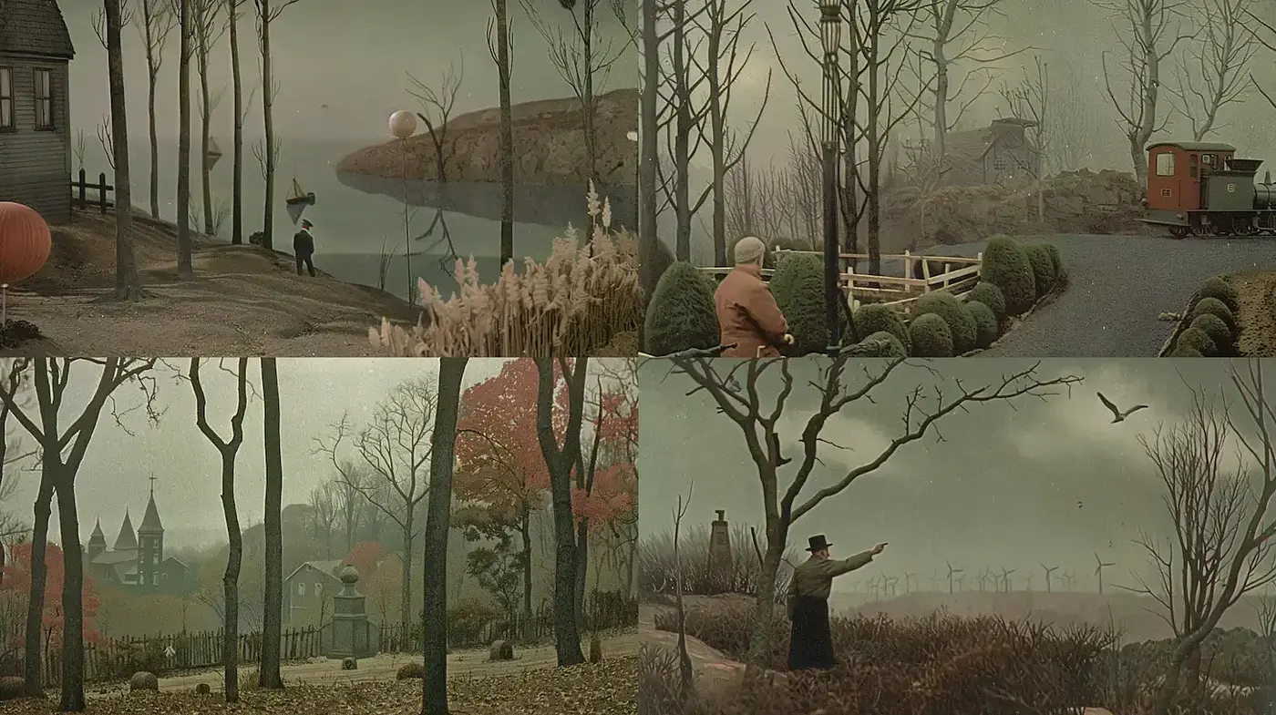 Eerie, dreamlike landscapes with a nostalgic vintage aesthetic - Midjourney sref style