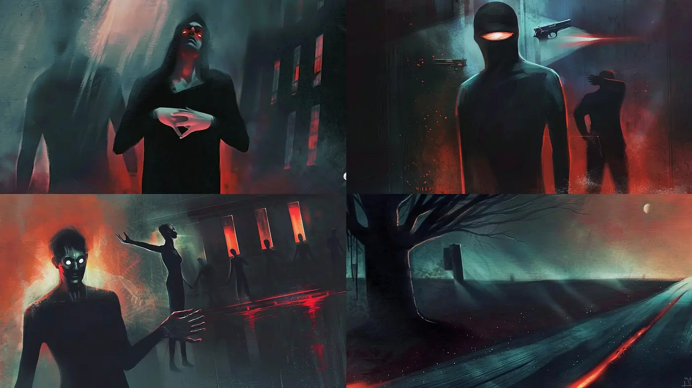 Eerie Crimson Nocturne: A Fusion of Surrealism and Neo-Noir Ambiance - Midjourney sref style