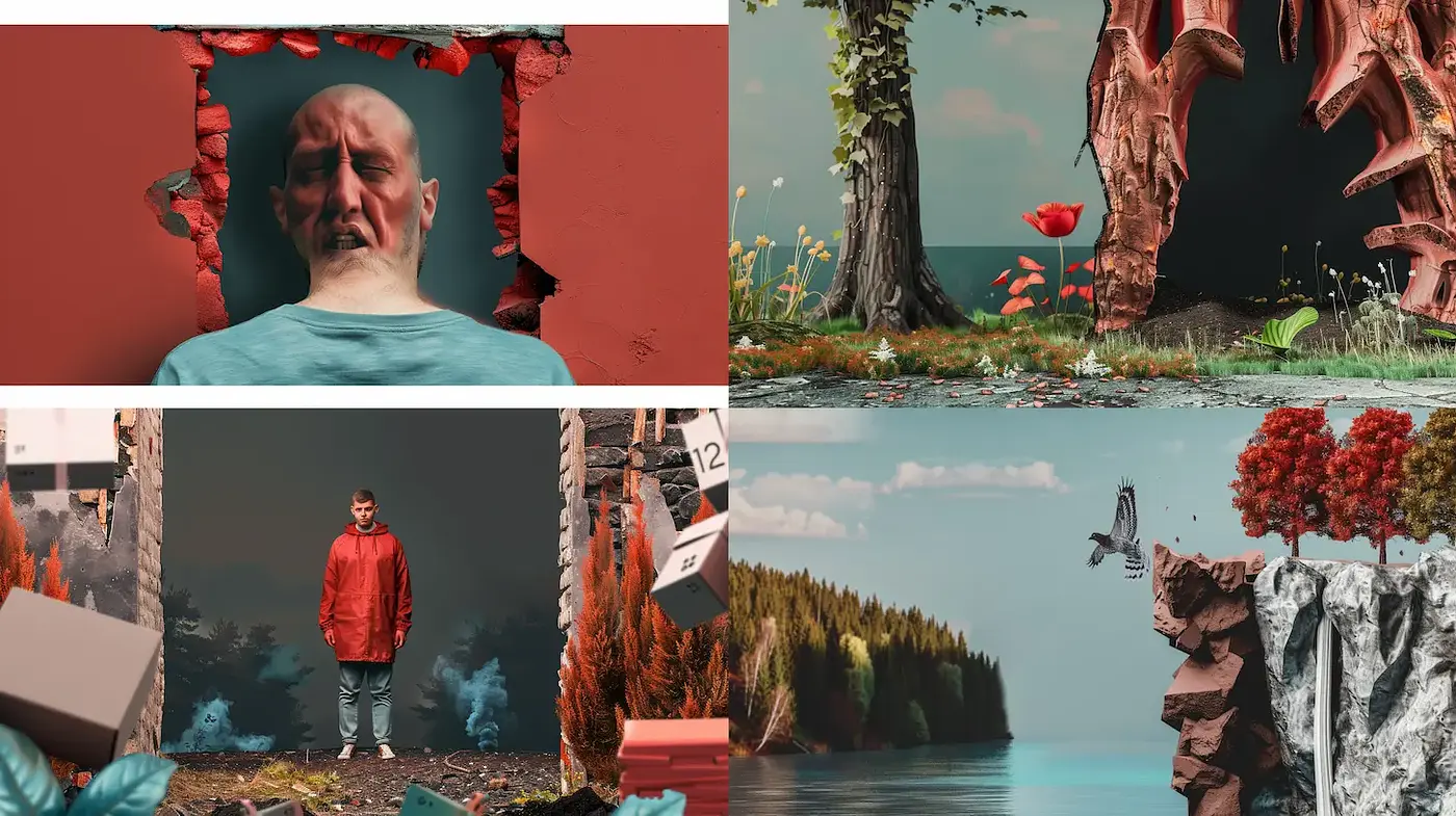 Surrealistic Landscapes with Bold Textures and Juxtaposed Elements - Midjourney sref style