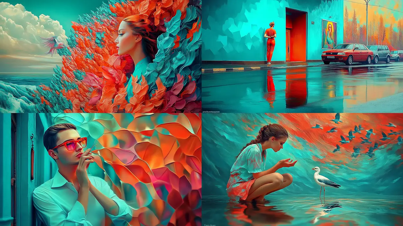 Ethereal Dreamscape in Saturated Teal and Vermilion - Midjourney sref style