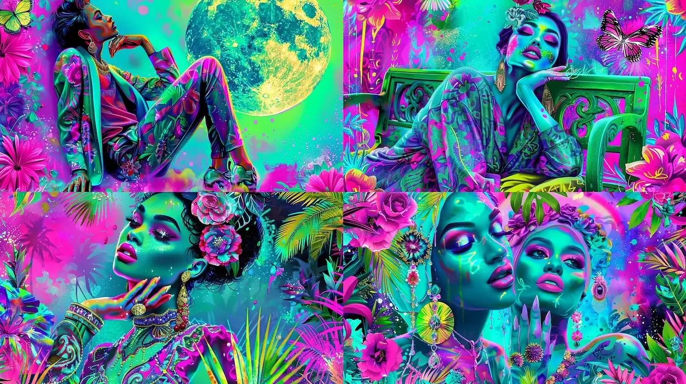 Vibrant and Surreal Photographic Illustration with Tropical Influences - Midjourney sref style