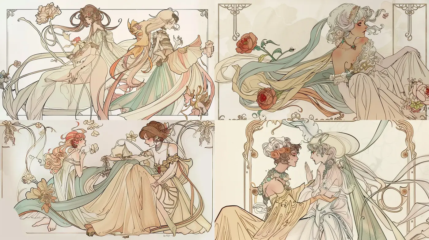 Ethereal Art Nouveau Dreamscapes with Pastel Flourishes - Midjourney sref style