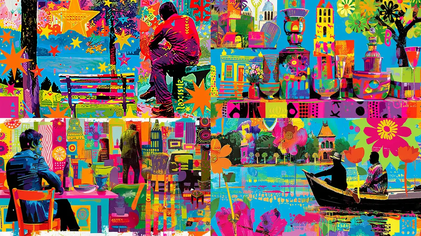 Vivid and Whimsical Urban Mosaic with Pop Art Influences and Energetic Vibes - Midjourney sref style