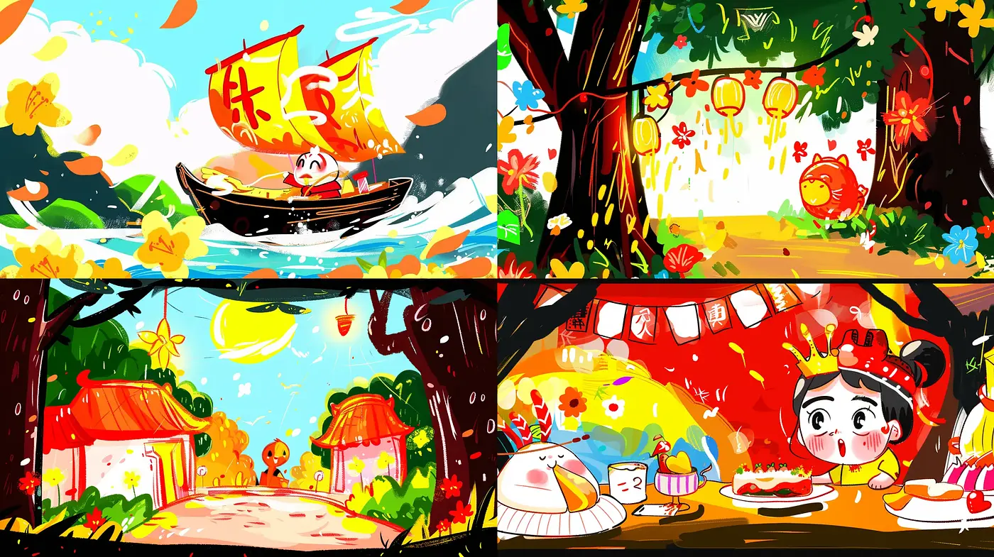 Vibrant Storybook Cascade: A Dynamic Array of Saturated Storytelling - Midjourney sref style