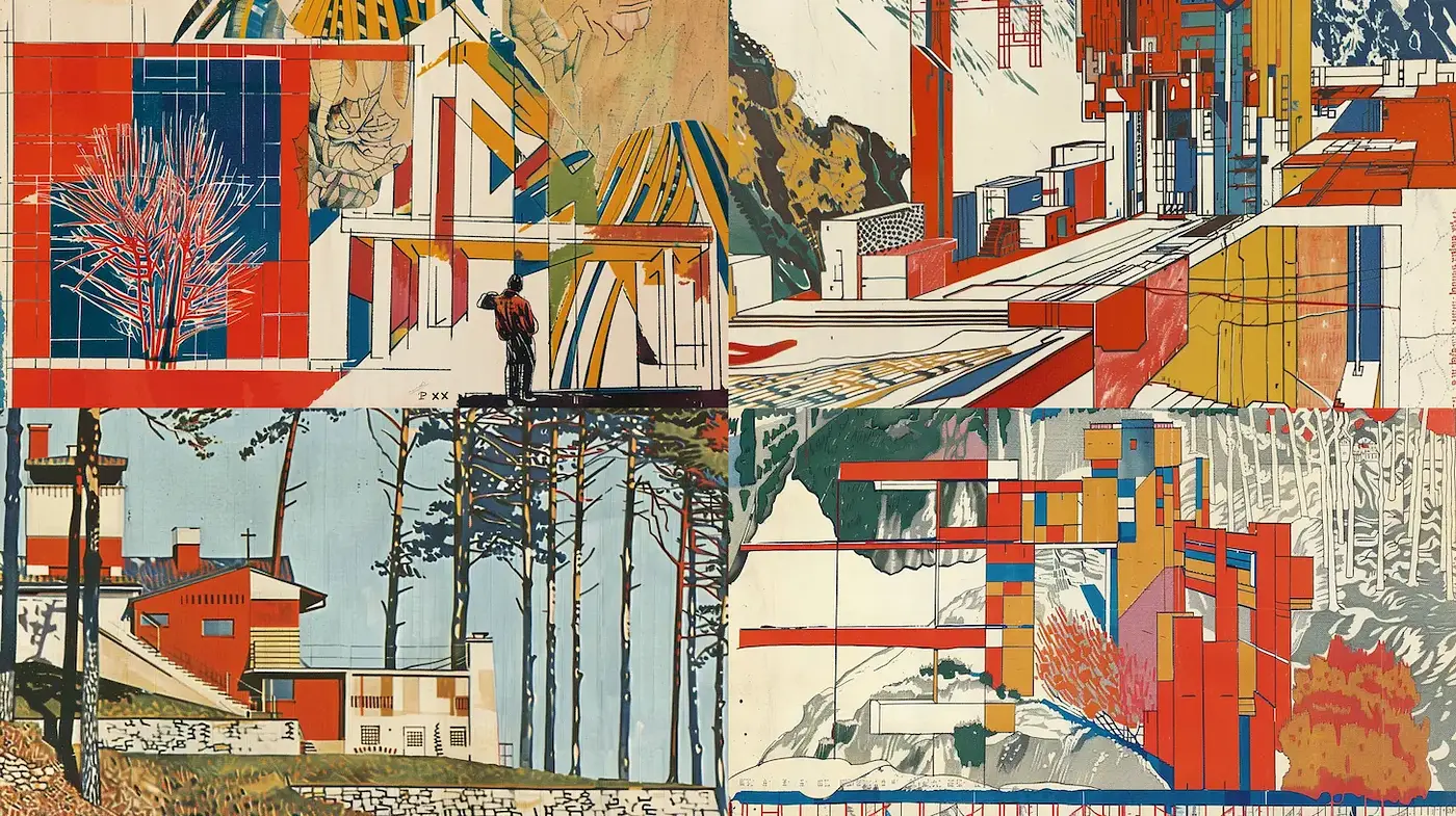 Dynamically Geometric Architectural Illustrations with Vibrant Color Splashes - Midjourney sref style