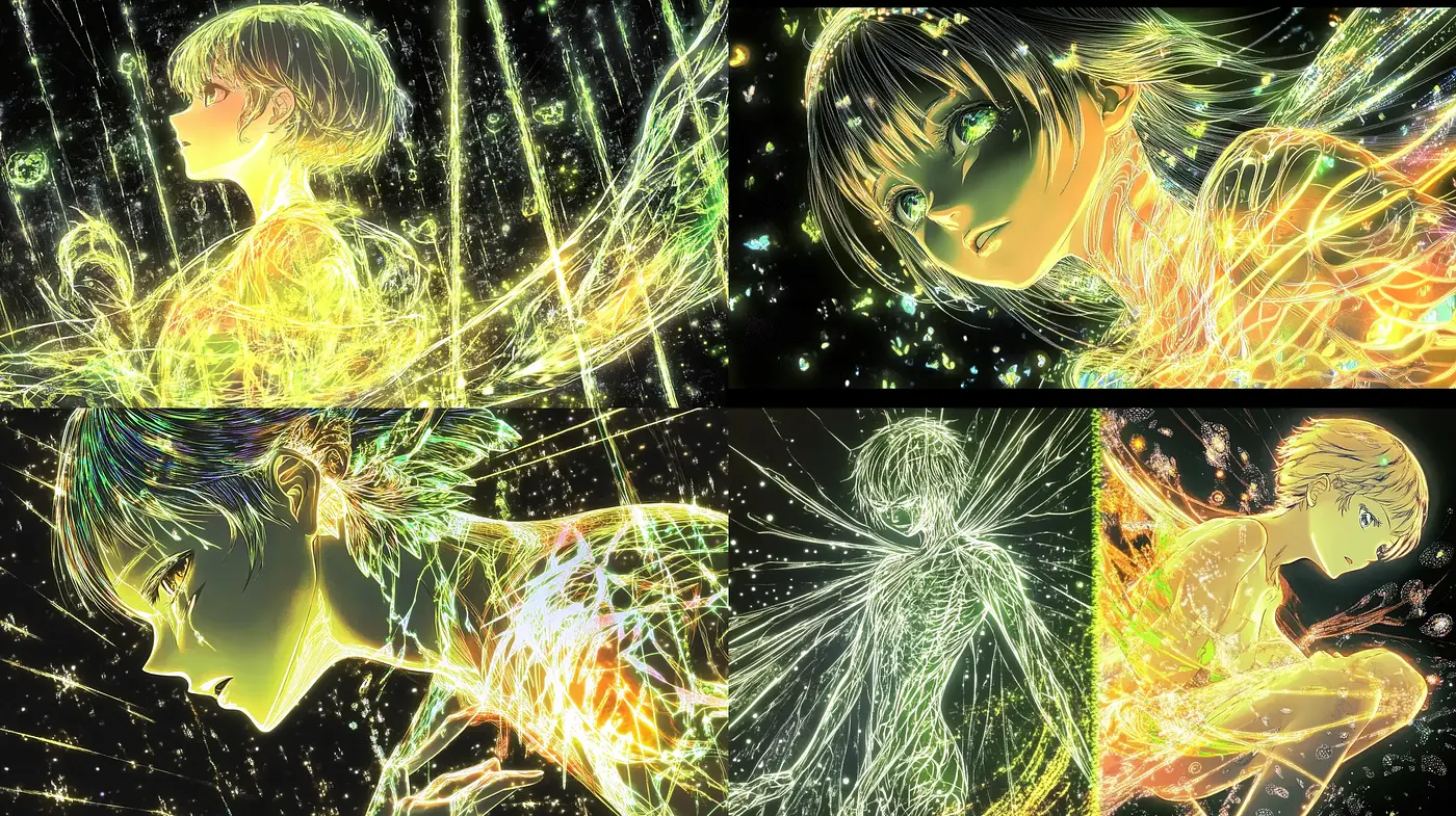 Illuminated Dreamscape: A Fusion of Luminous Threads and Ethereal Figures - Midjourney sref style