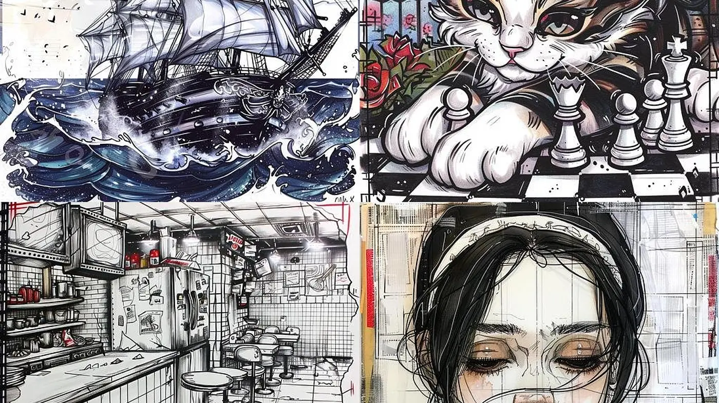 Abstracted Reality with Sketch-like Overlays and Splashes of Color - Midjourney sref style