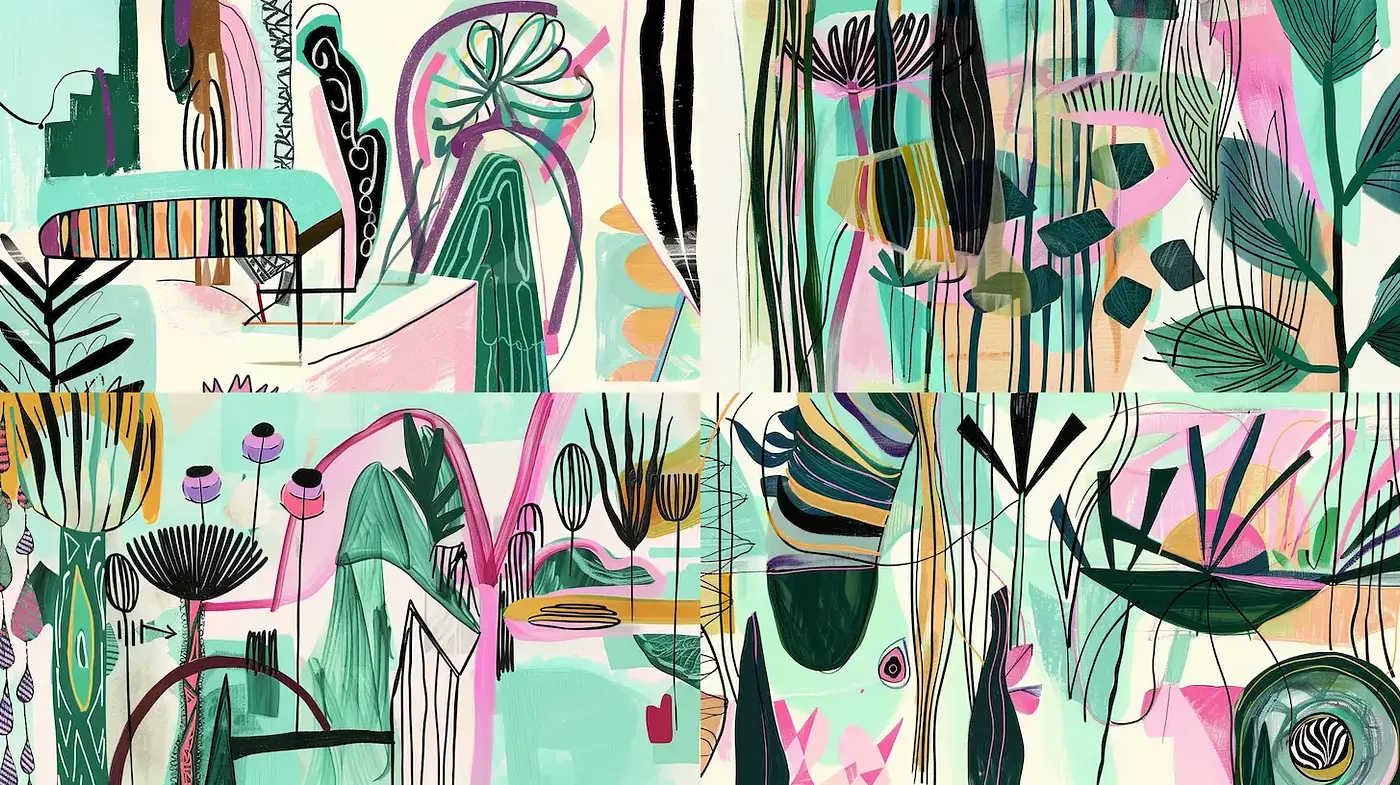 Whimsical and Vibrant Abstract Botanical Design - Midjourney sref style