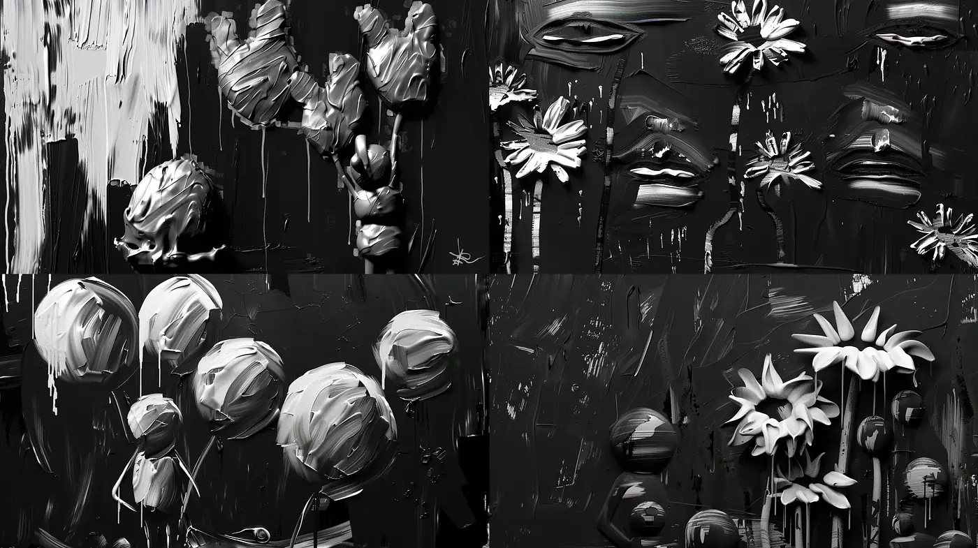 Monochrome Gestural Brushwork Visions - Midjourney sref style