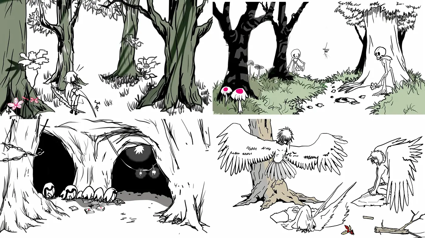 Monochromatic Enchantment: Inked Fairy Tale Illustrations with Splashes of Red - Midjourney sref style