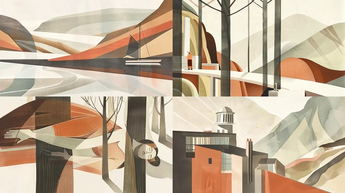 Serenity in Geometric Repose: A Study of Abstract Landscapes and Architectural Forms - Midjourney sref style